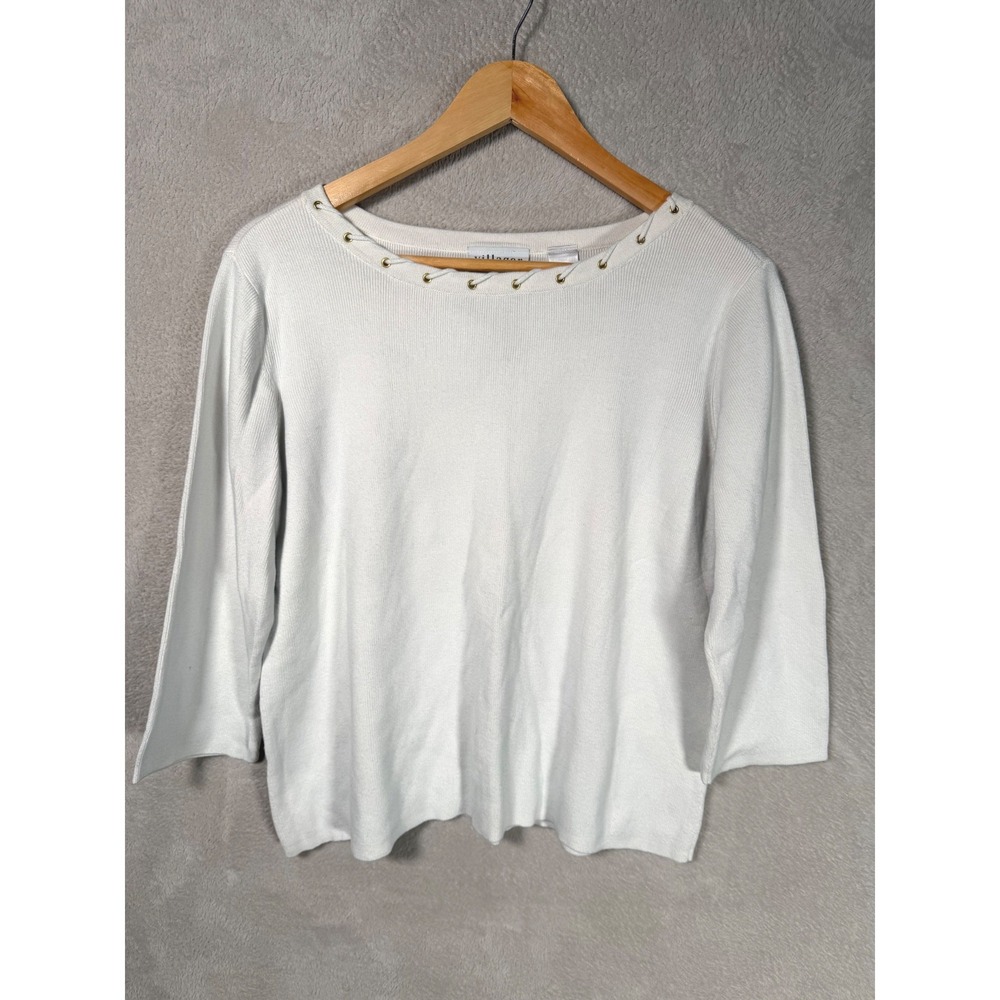 Villager Liz Claiborne White Ribbed Knit Top 3/4 Sleeve Grommet Boat Neck XL